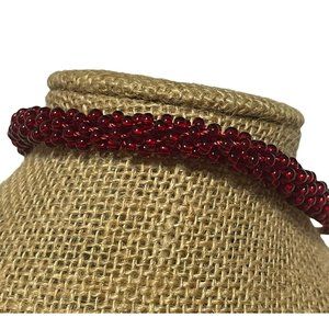 artisan crafted red seed bead tubular woven Beaded Tube bracelet 8”